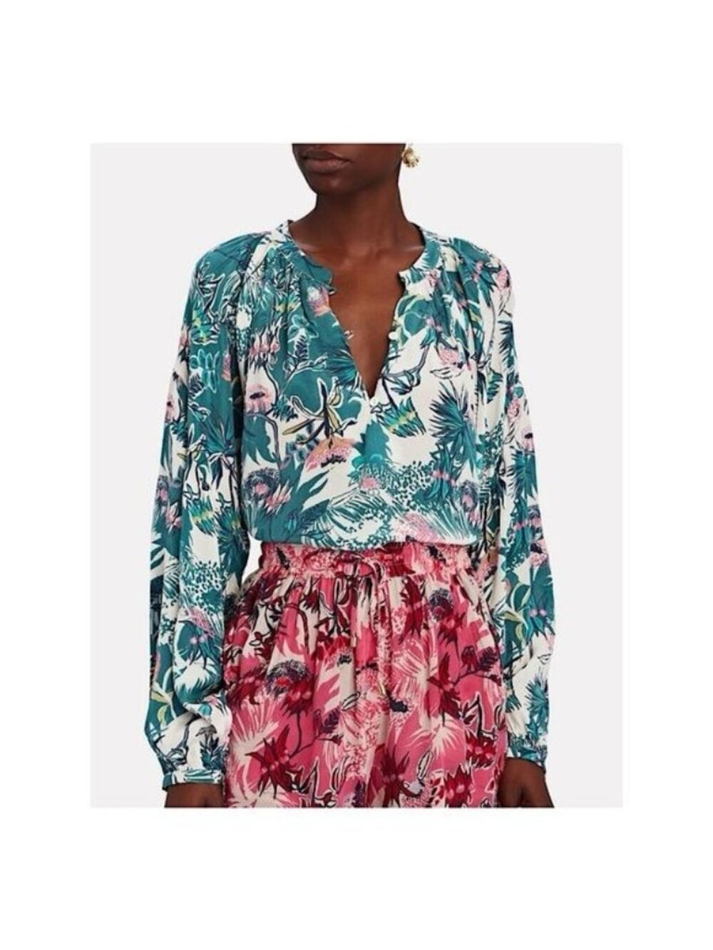 Chufy Ivy Blouse Top Sz M Nulla Green Tropical Floral Boho Designer Resortwear